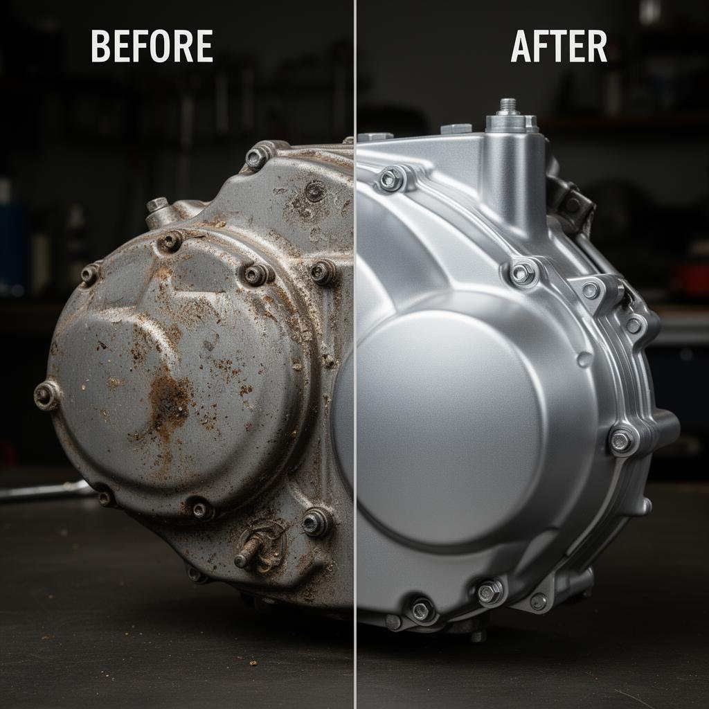 Before and after vapour blasting of a Honda CB750 motorcycle engine case